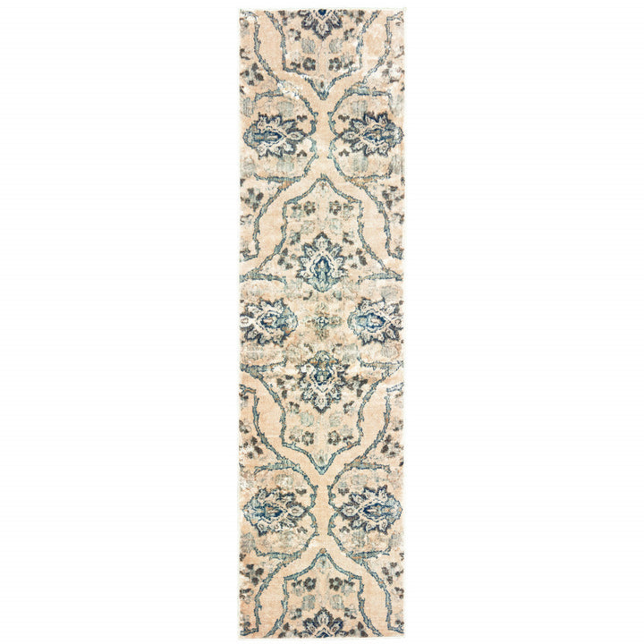 2 X 8 Ivory And Blue Floral Power Loom Stain Resistant Runner Rug Image 1