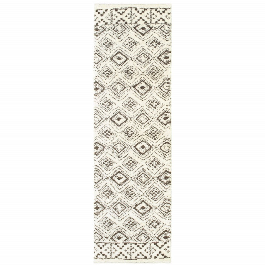 2 X 8 Ivory And Brown Geometric Shag Power Loom Stain Resistant Runner Rug Image 1