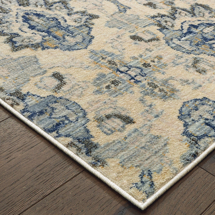 2 X 8 Ivory And Blue Floral Power Loom Stain Resistant Runner Rug Image 3