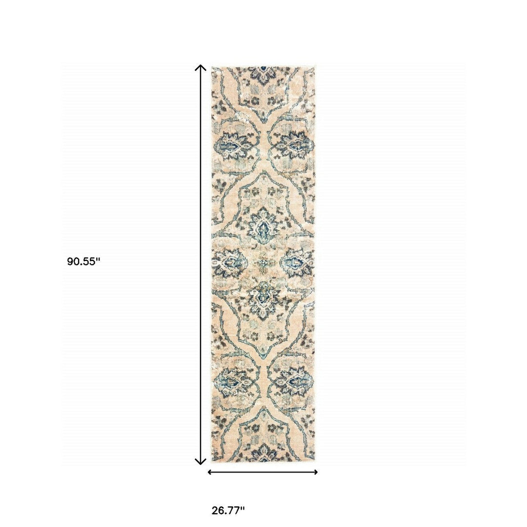 2 X 8 Ivory And Blue Floral Power Loom Stain Resistant Runner Rug Image 5