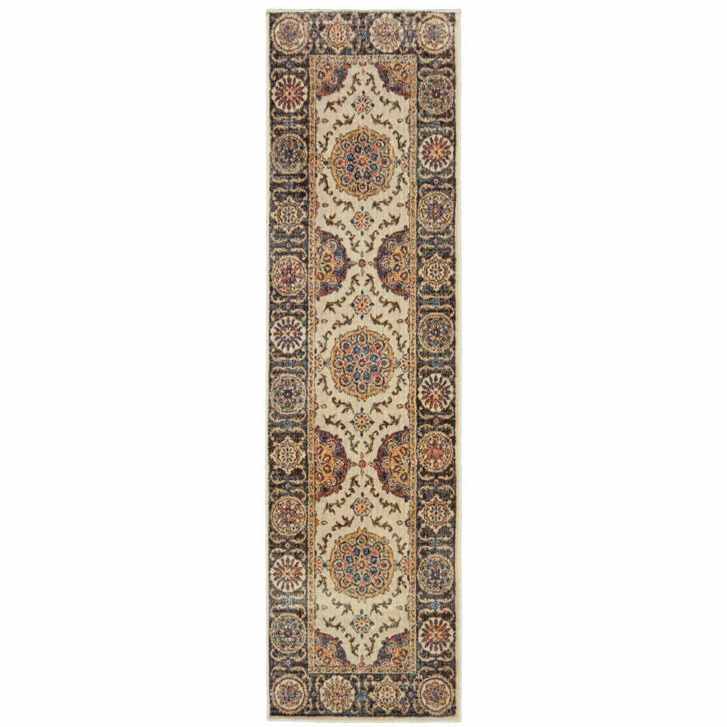 2 X 8 Ivory And Brown Oriental Power Loom Stain Resistant Runner Rug Image 1