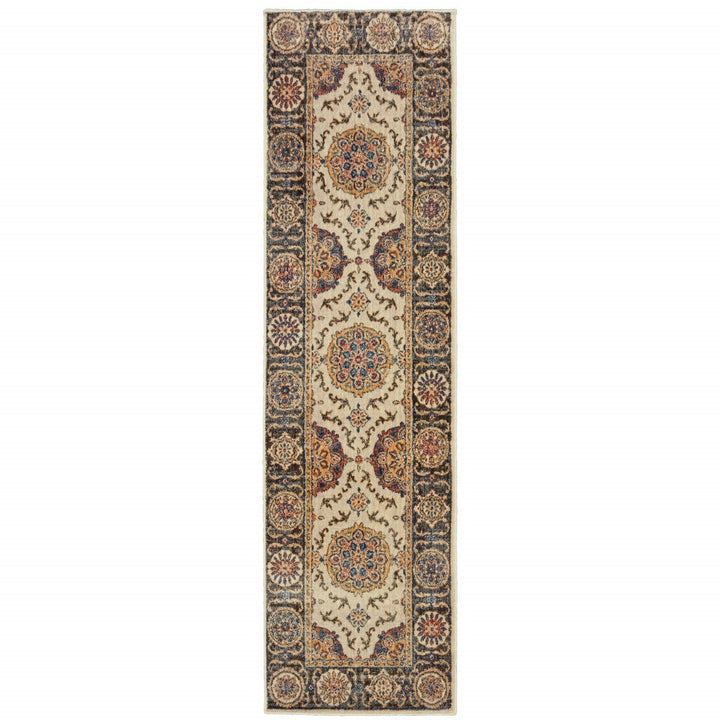 2 X 8 Ivory And Brown Oriental Power Loom Stain Resistant Runner Rug Image 1