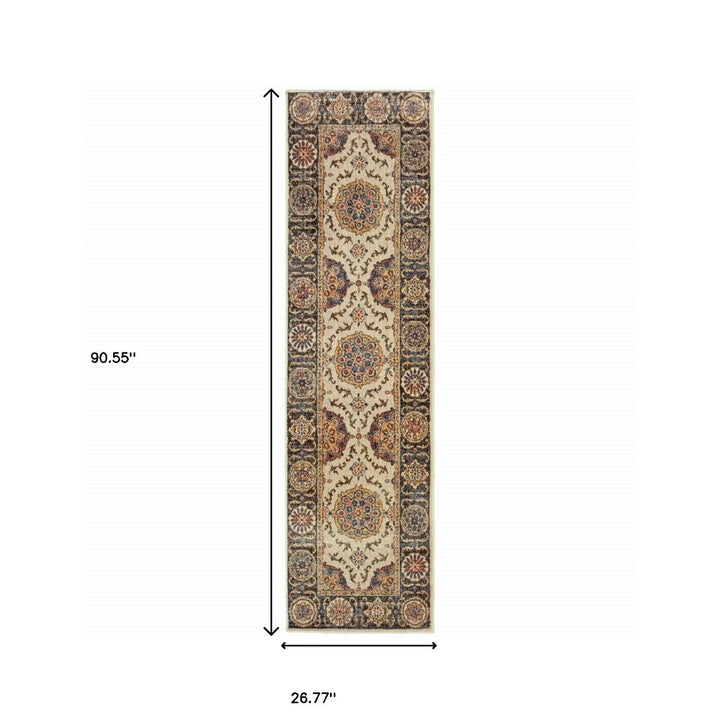 2 X 8 Ivory And Brown Oriental Power Loom Stain Resistant Runner Rug Image 4