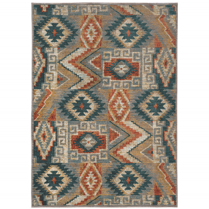 2 X 3 Blue Teal Grey Orange Gold Ivory And Rust Geometric Power Loom Stain Resistant Area Rug Image 1