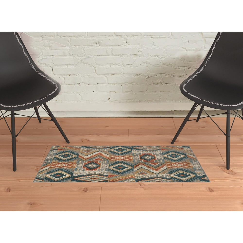 2 X 3 Blue Teal Grey Orange Gold Ivory And Rust Geometric Power Loom Stain Resistant Area Rug Image 2