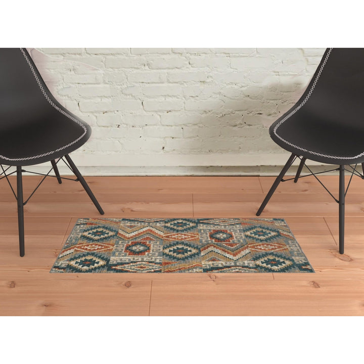 2 X 3 Blue Teal Grey Orange Gold Ivory And Rust Geometric Power Loom Stain Resistant Area Rug Image 2