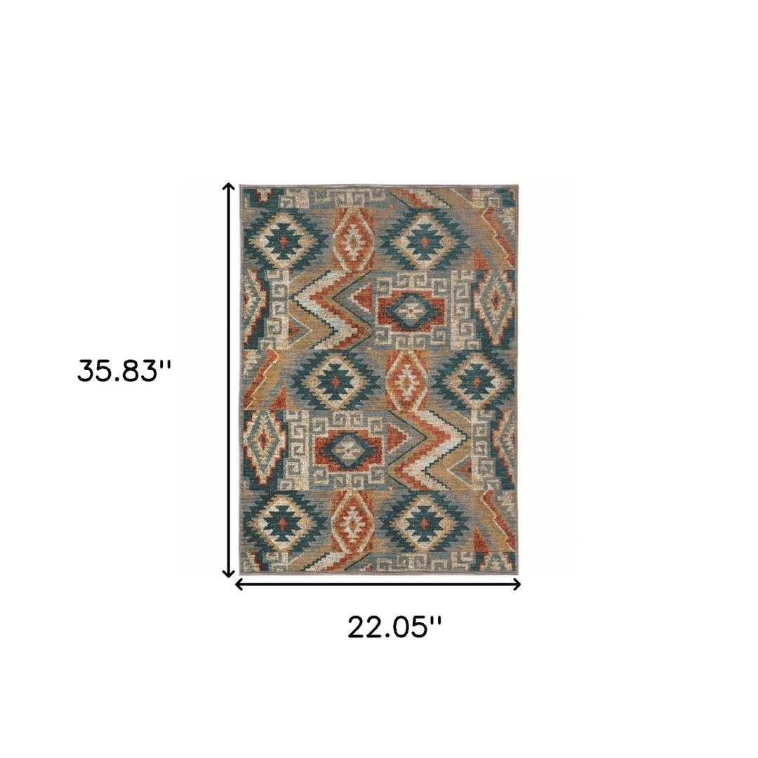 2 X 3 Blue Teal Grey Orange Gold Ivory And Rust Geometric Power Loom Stain Resistant Area Rug Image 5