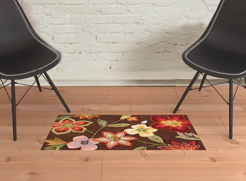 2 X 3 Brown Floral Hand Hooked Handmade Area Rug Image 2