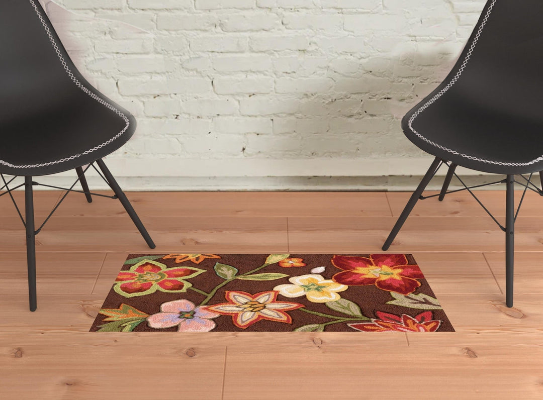 2 X 3 Brown Floral Hand Hooked Handmade Area Rug Image 2