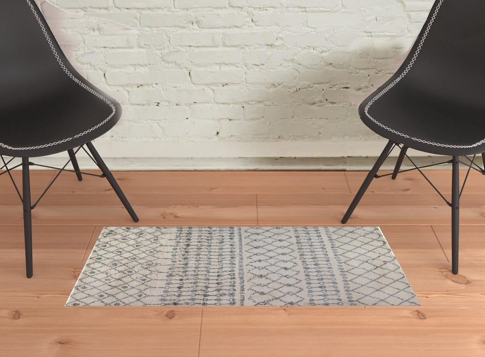 2 x 3 Gray and Ivory Geometric Shag Area Rug Image 2