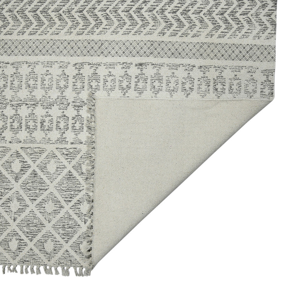 2 x 3 Gray and Ivory Geometric Flatweave Handmade Distressed Area Rug with Fringe Image 3