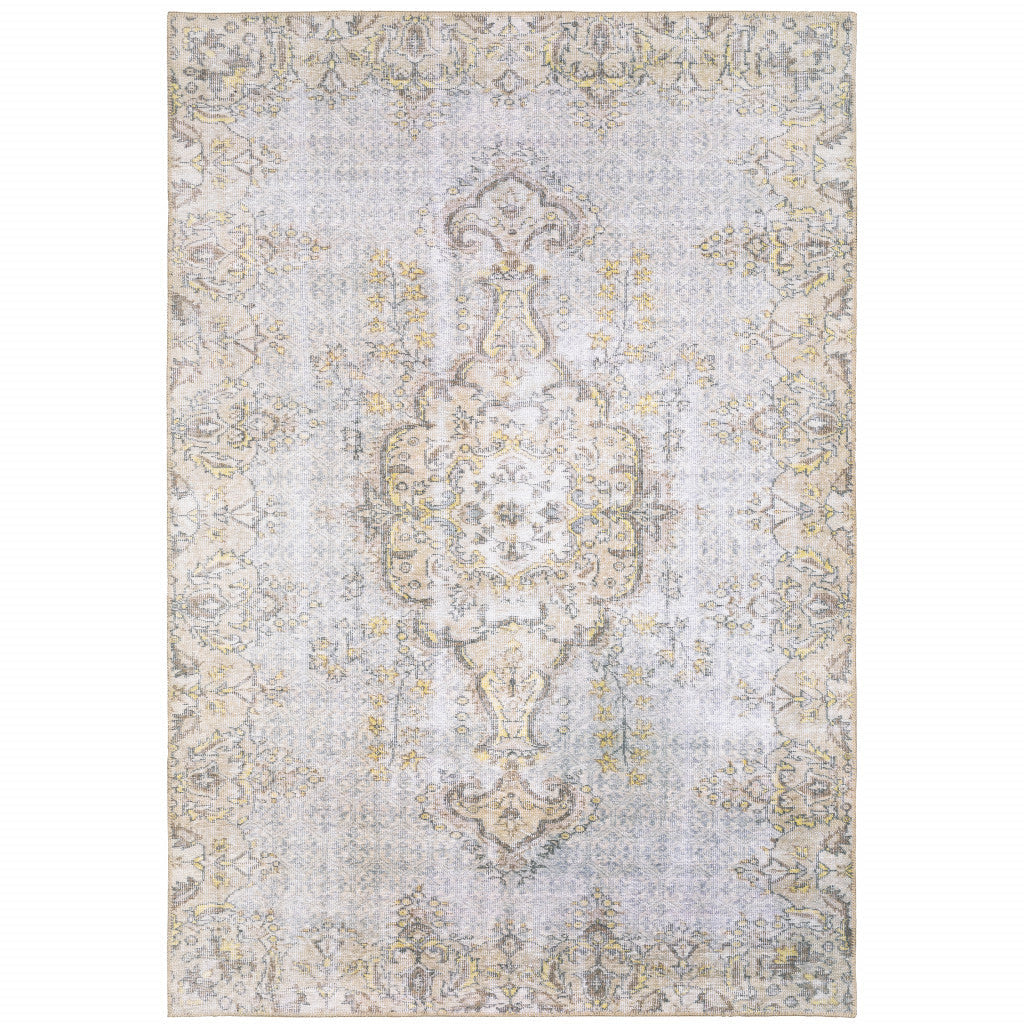 2 X 3 Grey And Gold Oriental Power Loom Stain Resistant Area Rug Image 1