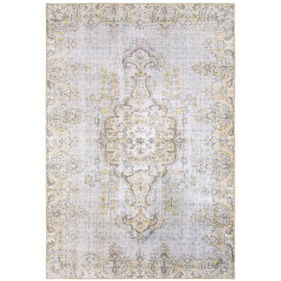 2 X 3 Grey And Gold Oriental Power Loom Stain Resistant Area Rug Image 1