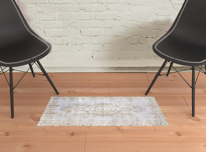 2 X 3 Grey And Gold Oriental Power Loom Stain Resistant Area Rug Image 2