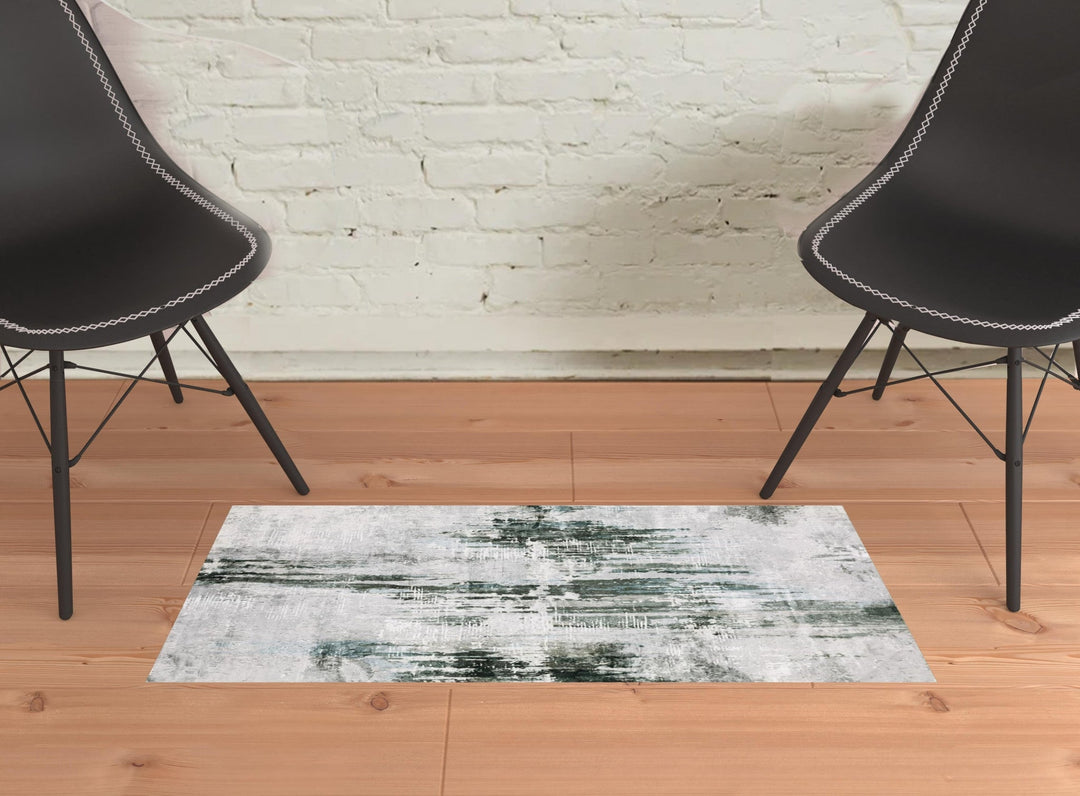 2 X 3 Silver Grey Teal Blue And Charcoal Abstract Printed Stain Resistant Non Skid Area Rug Image 2