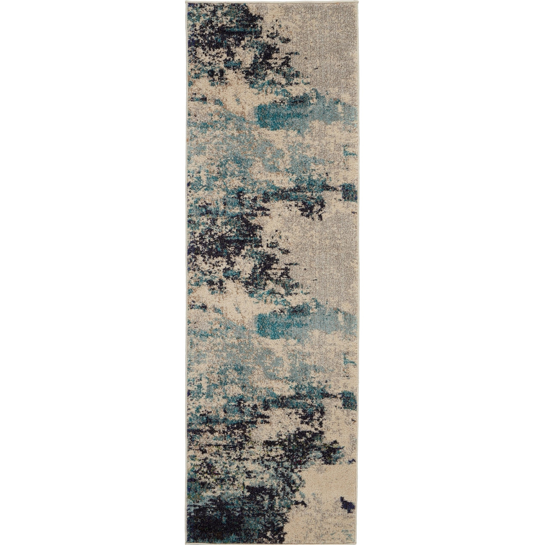 2 X 6 Ivory And Teal Blue Abstract Power Loom Non Skid Runner Rug Image 1