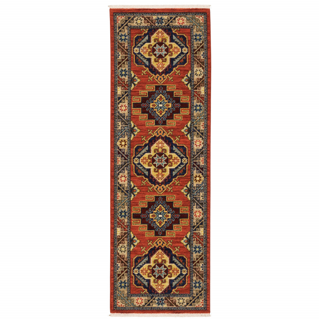 2 X 6 Red Gold Blue Brown Oriental Power Loom Stain Resistant Runner Rug With Fringe Image 1