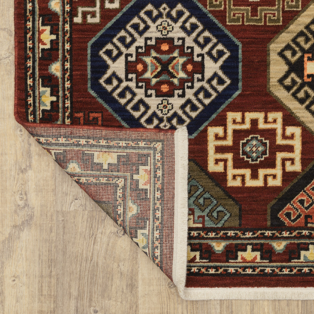 2 X 6 Red Blue Brown And Beige Oriental Power Loom Stain Resistant Runner Rug With Fringe Image 3