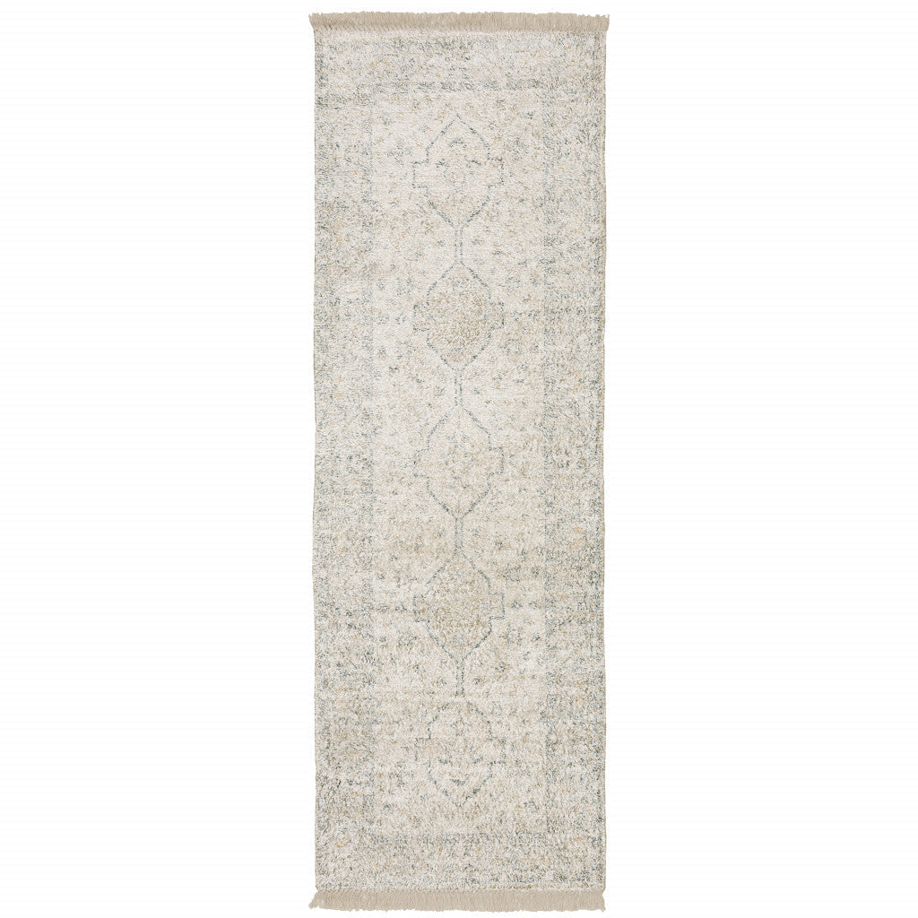 2 X 8 Beige And Charcoal Oriental Hand Loomed Stain Resistant Runner Rug With Fringe Image 1