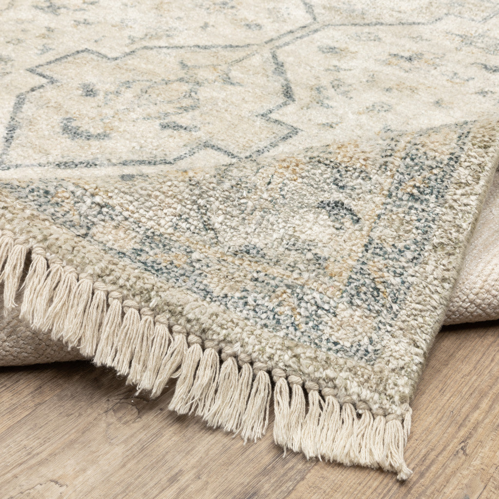 2 X 8 Beige And Charcoal Oriental Hand Loomed Stain Resistant Runner Rug With Fringe Image 6