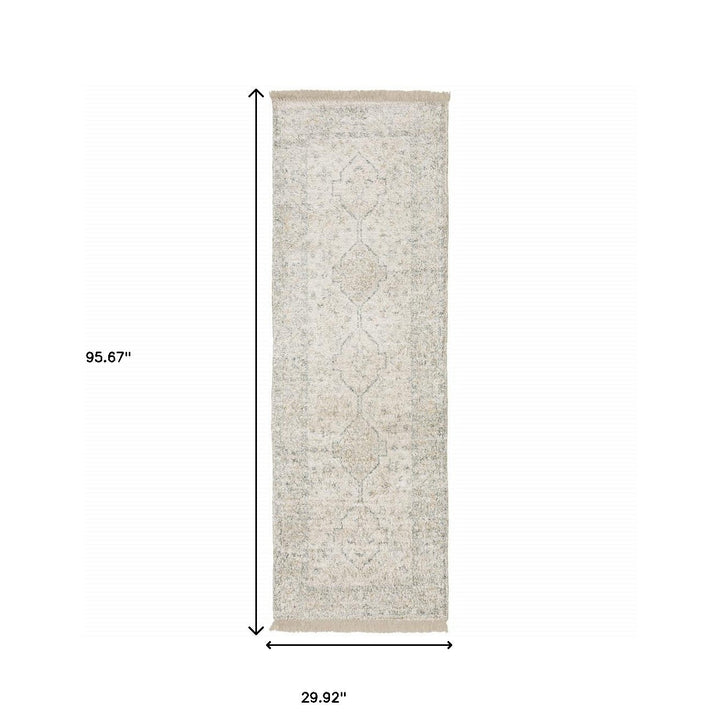 2 X 8 Beige And Charcoal Oriental Hand Loomed Stain Resistant Runner Rug With Fringe Image 7