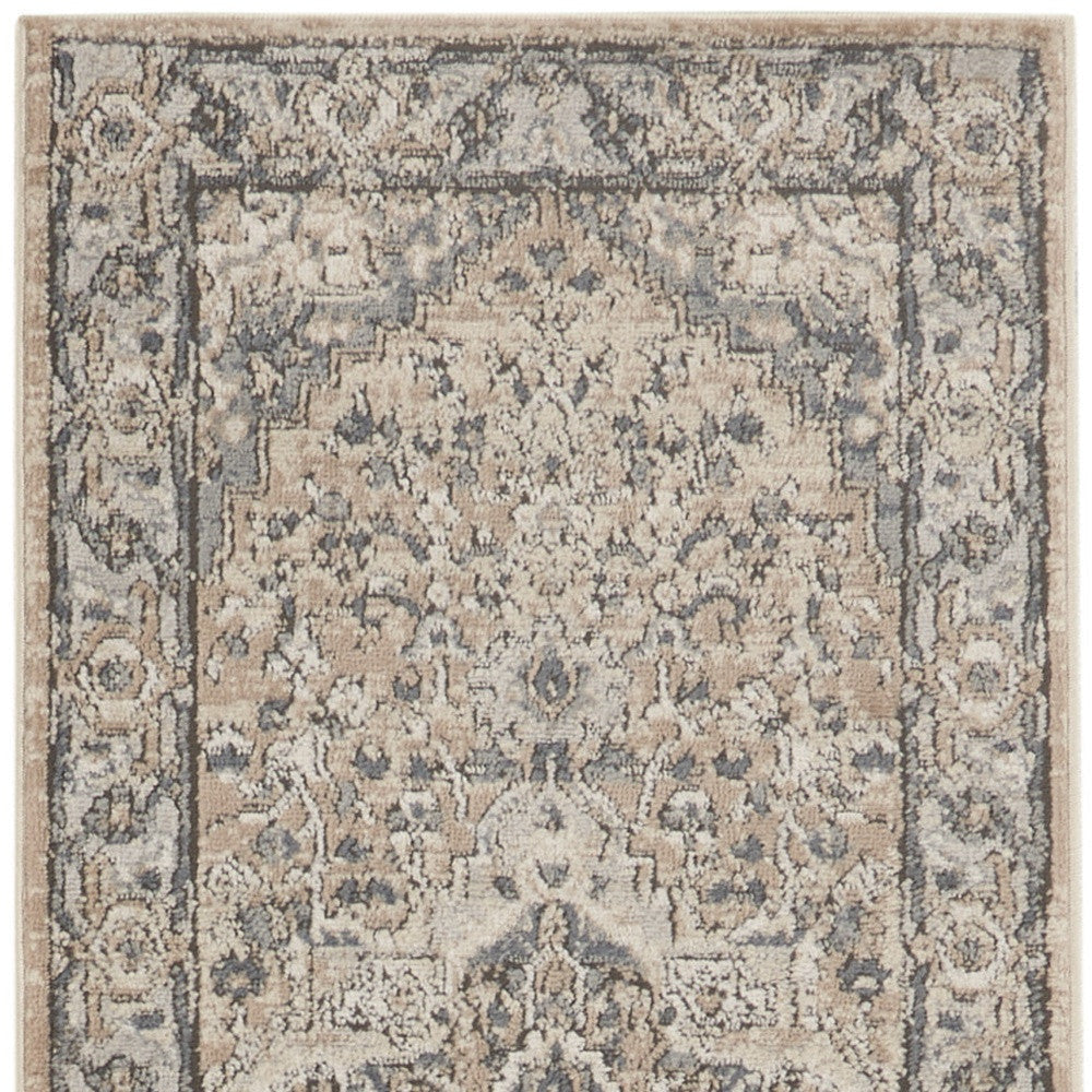 2 X 8 Beige And Grey Oriental Power Loom Non Skid Runner Rug Image 2