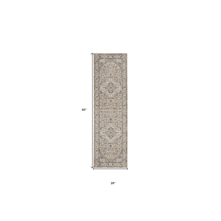 2 X 8 Beige And Grey Oriental Power Loom Non Skid Runner Rug Image 5