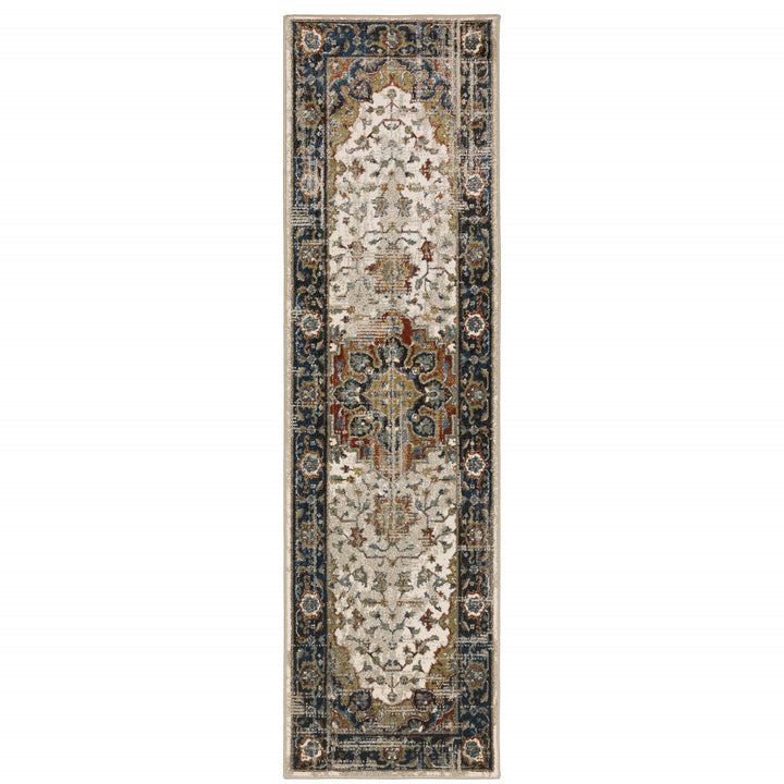 2 X 8 Beige Blue Green Rust And Grey Oriental Power Loom Stain Resistant Runner Rug Image 1