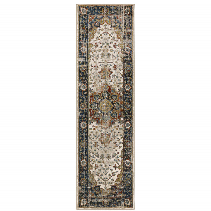 2 X 8 Beige Blue Green Rust And Grey Oriental Power Loom Stain Resistant Runner Rug Image 1