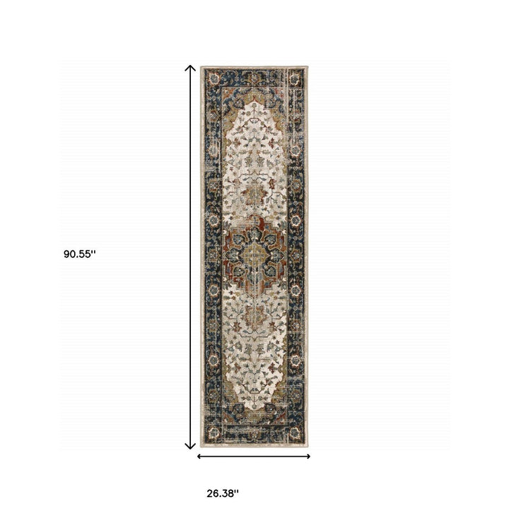 2 X 8 Beige Blue Green Rust And Grey Oriental Power Loom Stain Resistant Runner Rug Image 9