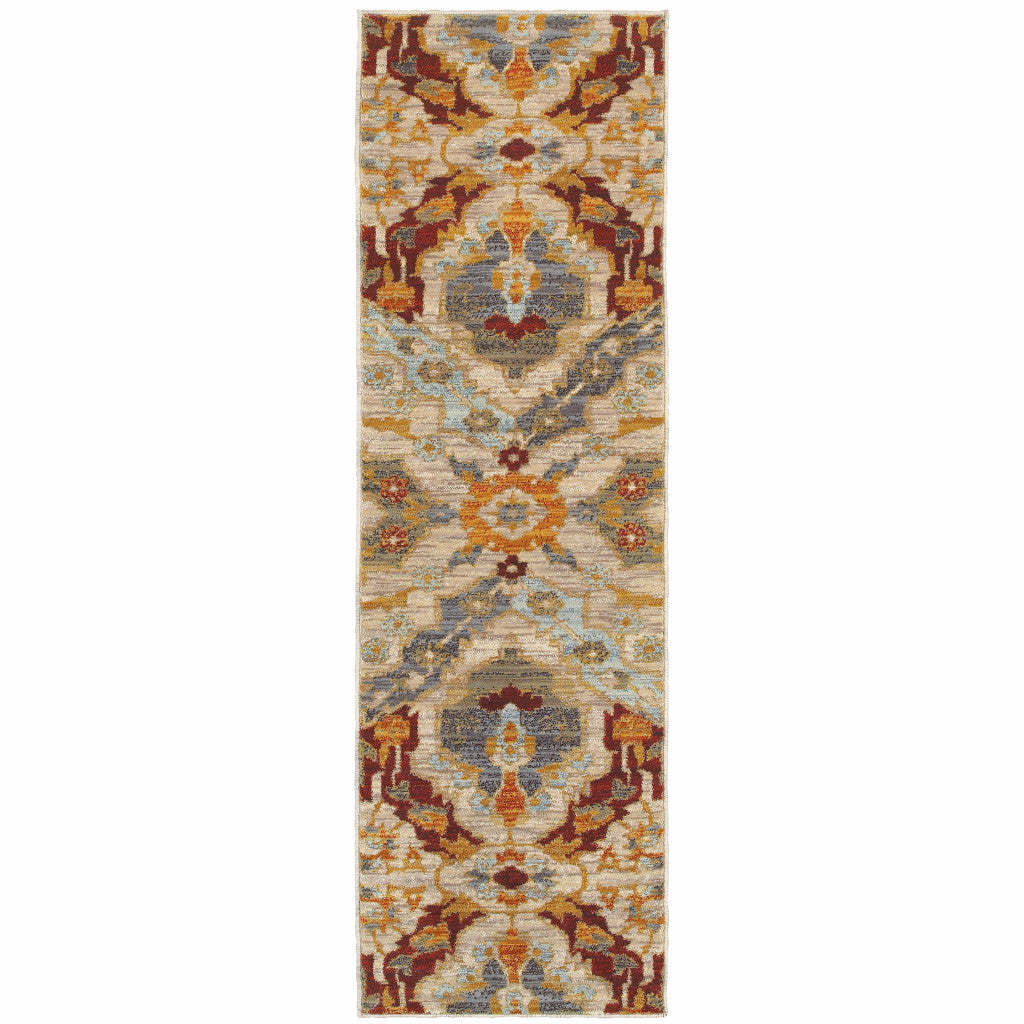 2 X 8 Beige Orange Blue Gold And Grey Abstract Power Loom Stain Resistant Runner Rug Image 1