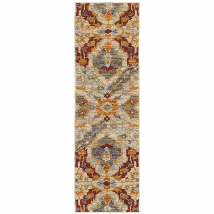 2 X 8 Beige Orange Blue Gold And Grey Abstract Power Loom Stain Resistant Runner Rug Image 1