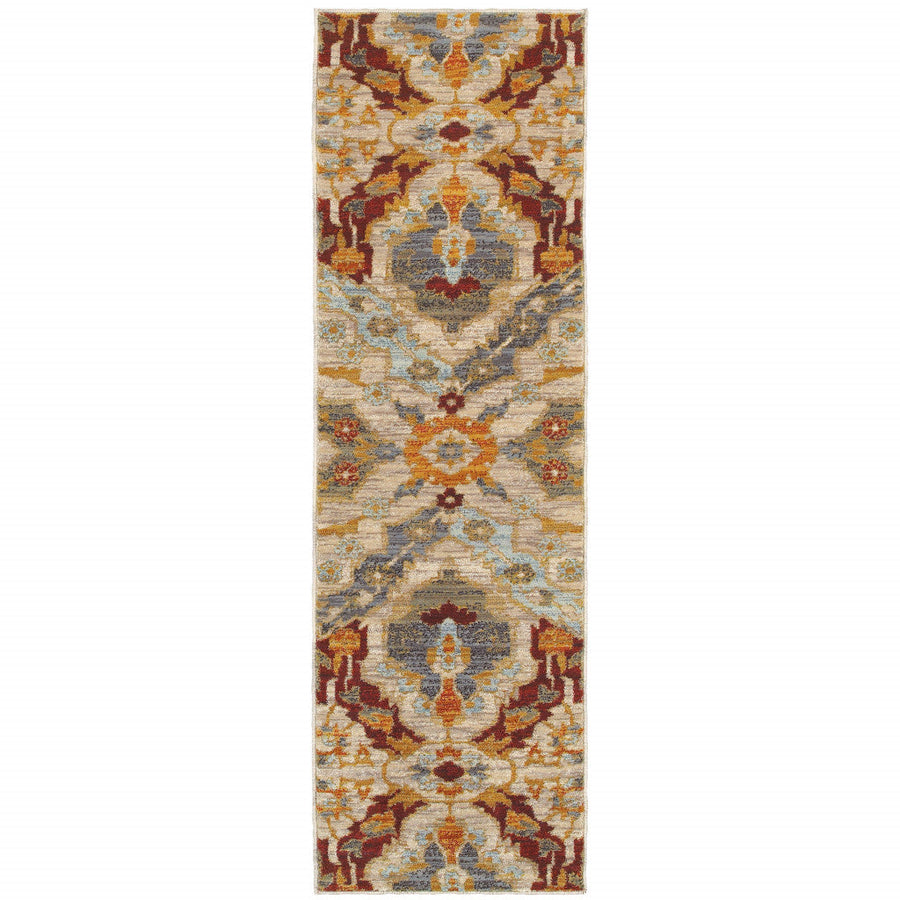 2 X 8 Beige Orange Blue Gold And Grey Abstract Power Loom Stain Resistant Runner Rug Image 1