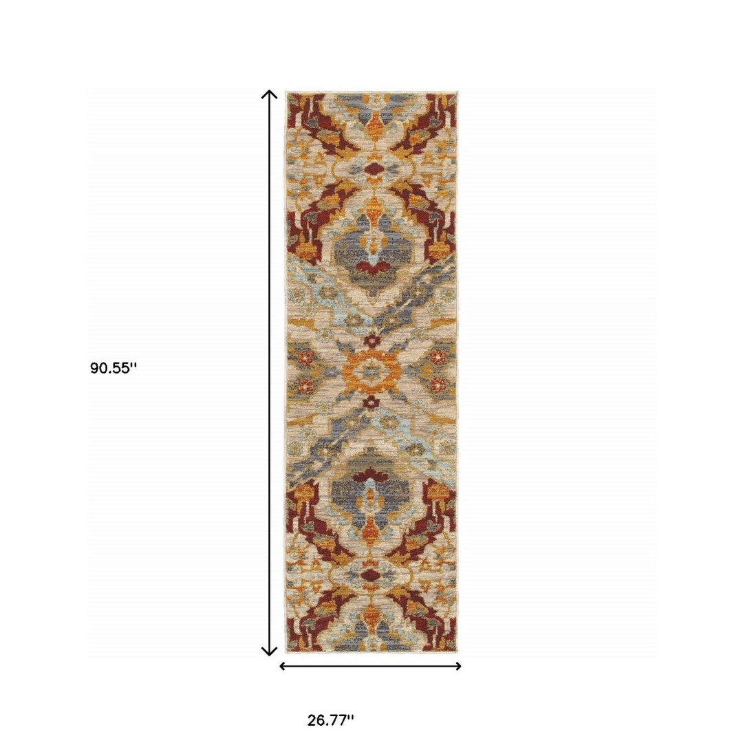 2 X 8 Beige Orange Blue Gold And Grey Abstract Power Loom Stain Resistant Runner Rug Image 5