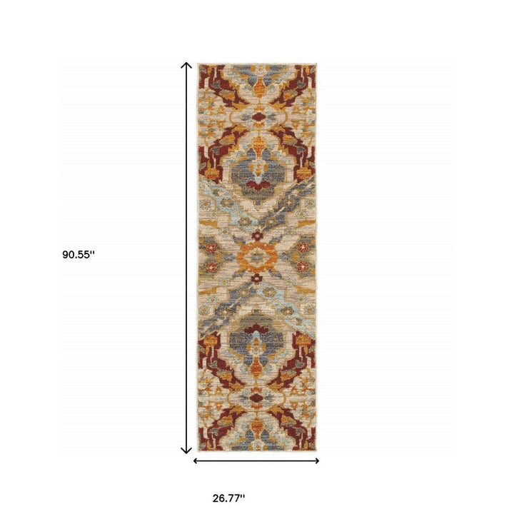 2 X 8 Beige Orange Blue Gold And Grey Abstract Power Loom Stain Resistant Runner Rug Image 5