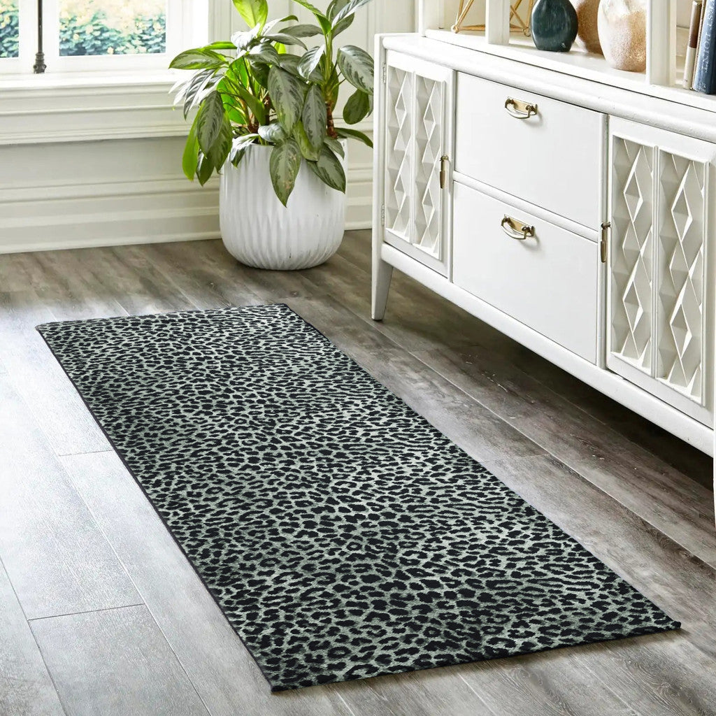 2 X 8 Black and Gray Leopard Print Shag Handmade Non Skid Runner Rug Image 7