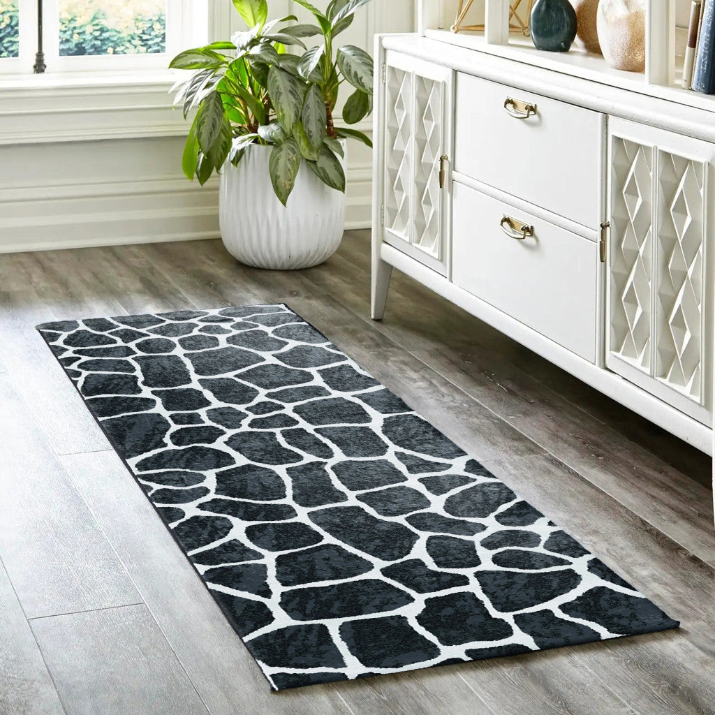 2 X 8 Black and White Croc Print Shag Handmade Non Skid Runner Rug Image 11