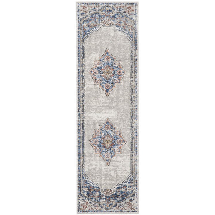 2 X 8 Blue And Grey Oriental Power Loom Non Skid Runner Rug Image 1