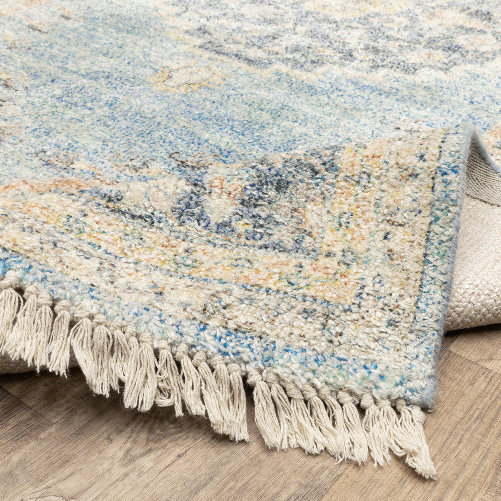 2 X 8 Blue And Beige Oriental Hand Loomed Stain Resistant Runner Rug With Fringe Image 2