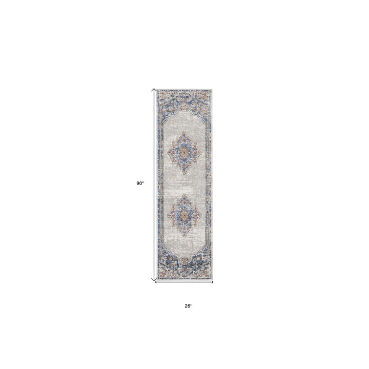 2 X 8 Blue And Grey Oriental Power Loom Non Skid Runner Rug Image 5