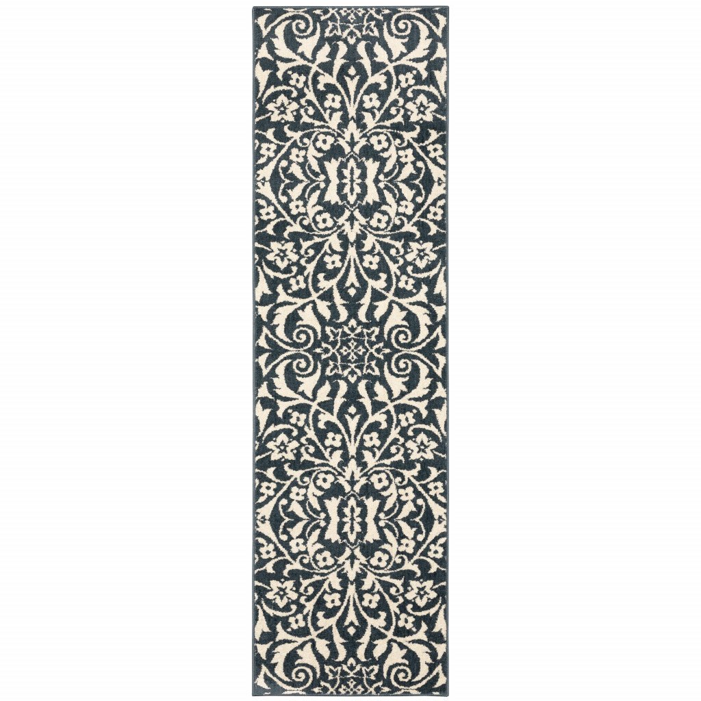 2 X 8 Blue And Ivory Floral Power Loom Stain Resistant Runner Rug Image 1