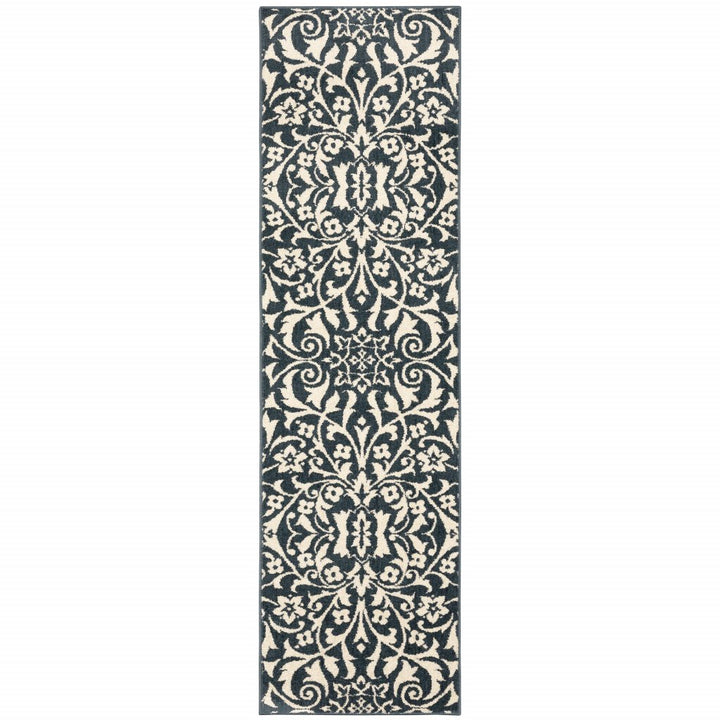 2 X 8 Blue And Ivory Floral Power Loom Stain Resistant Runner Rug Image 1