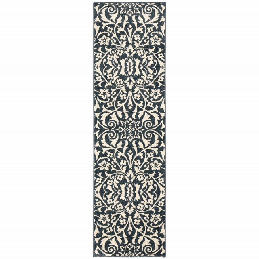 2 X 8 Blue And Ivory Floral Power Loom Stain Resistant Runner Rug Image 1