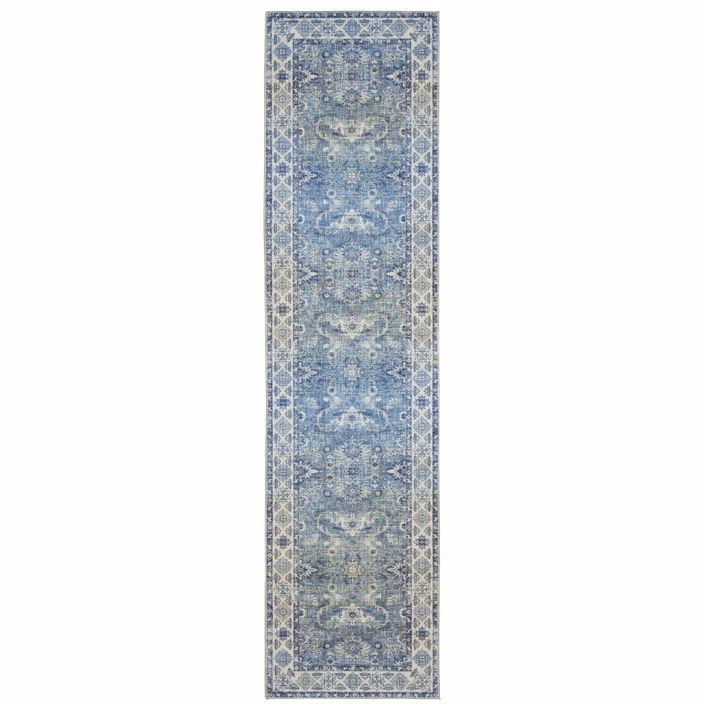 2 X 8 Blue And Grey Oriental Power Loom Stain Resistant Runner Rug Image 1