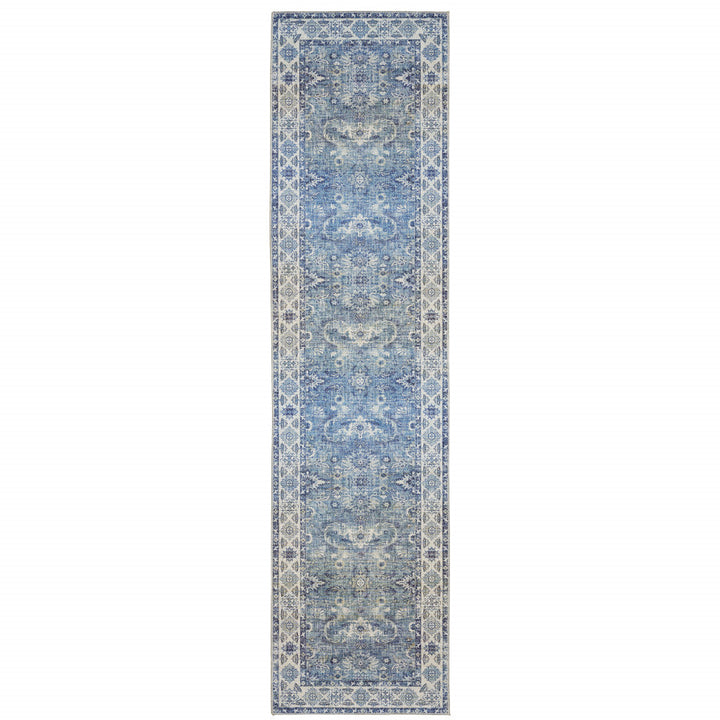 2 X 8 Blue And Grey Oriental Power Loom Stain Resistant Runner Rug Image 1