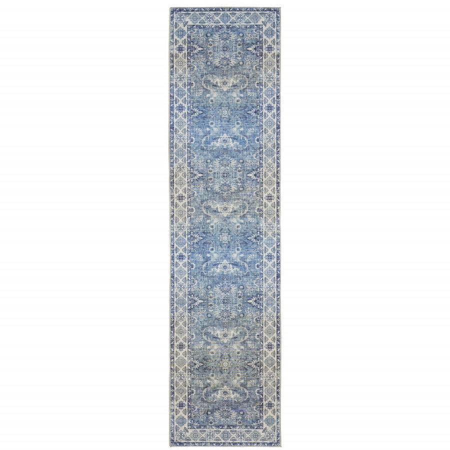 2 X 8 Blue And Grey Oriental Power Loom Stain Resistant Runner Rug Image 1