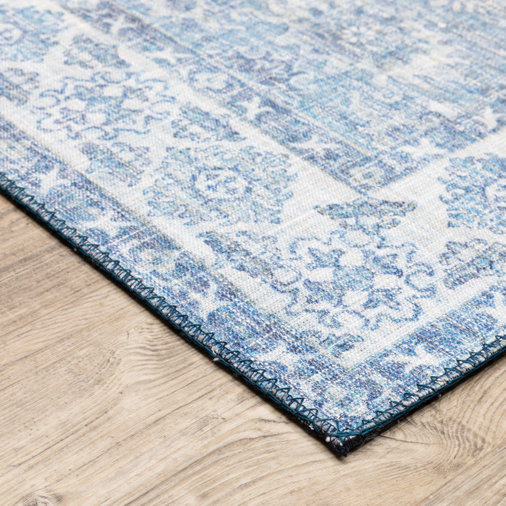 2 X 8 Blue And Grey Oriental Power Loom Stain Resistant Runner Rug Image 4