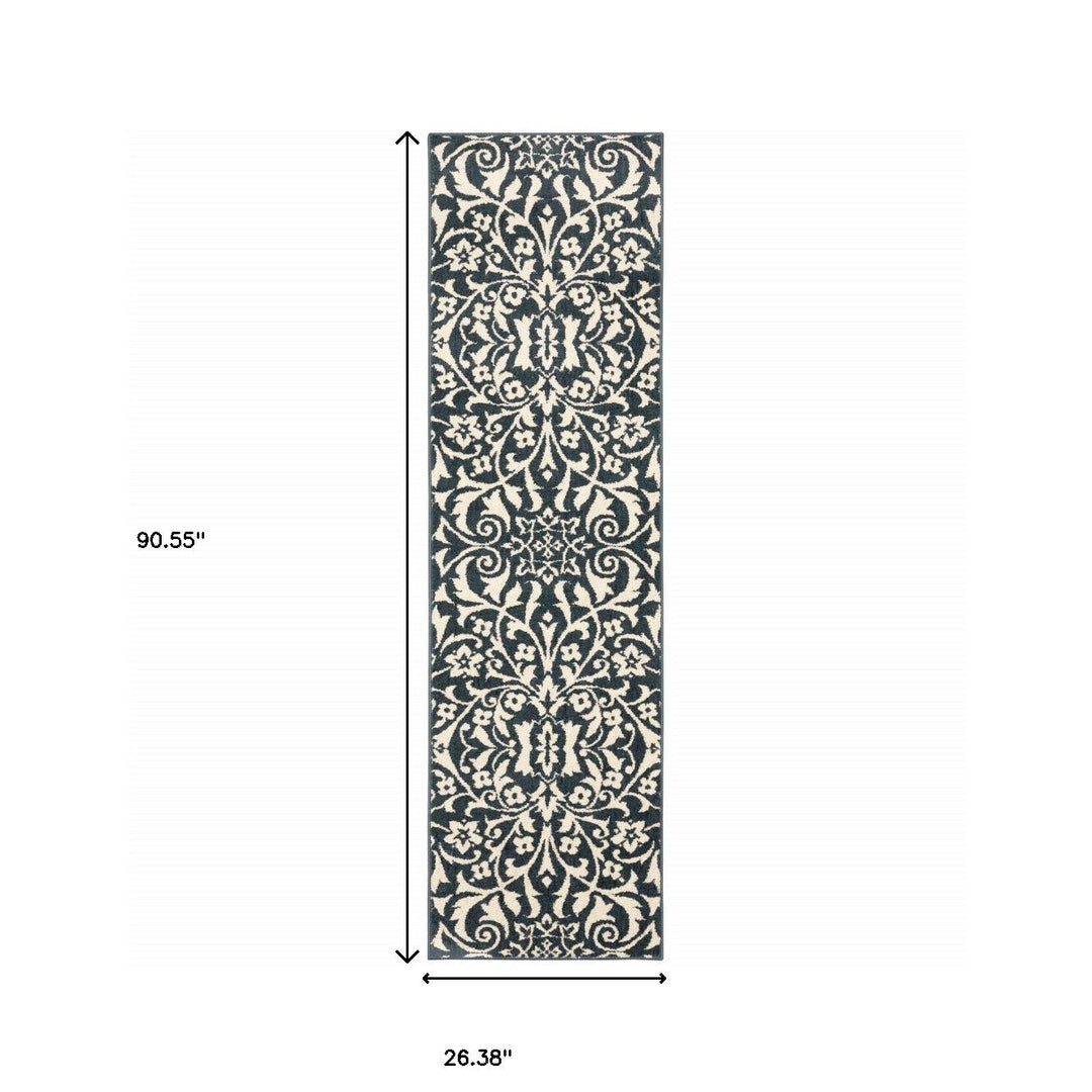 2 X 8 Blue And Ivory Floral Power Loom Stain Resistant Runner Rug Image 7