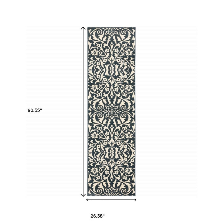 2 X 8 Blue And Ivory Floral Power Loom Stain Resistant Runner Rug Image 7