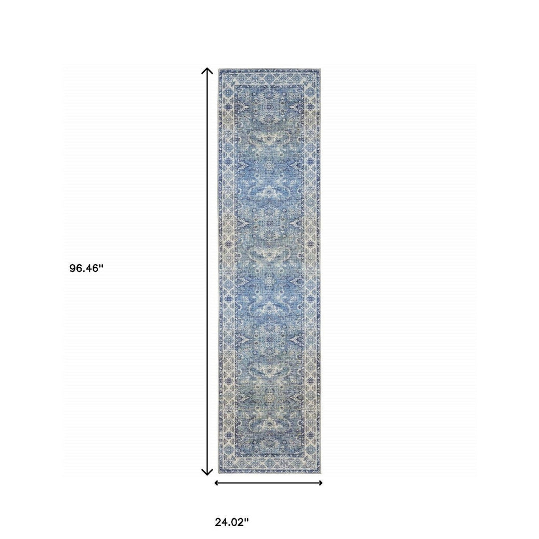 2 X 8 Blue And Grey Oriental Power Loom Stain Resistant Runner Rug Image 7